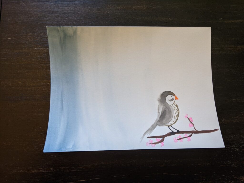 A watercolor painting of  faded blue sky and a gray bird with a speckled chest and orange beak. The bird is on a tree branch with pink cherry blossoms.