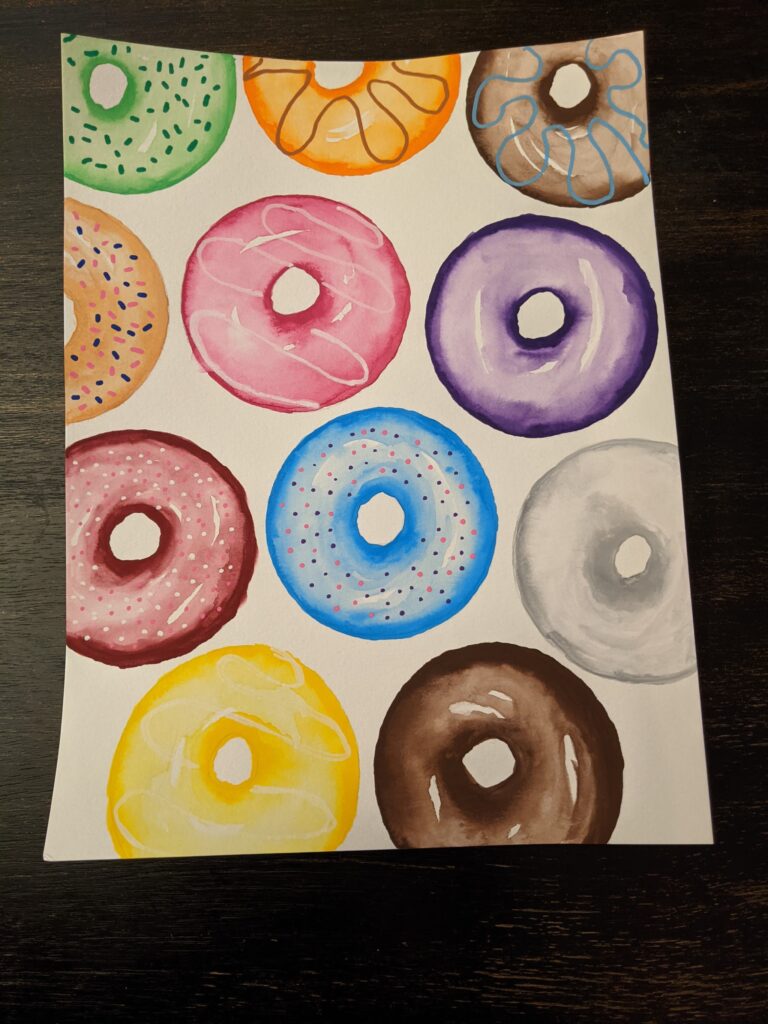 A watercolor picture of eleven donuts glazed in bright colors and with multi-colored sprinkles and glazes. 