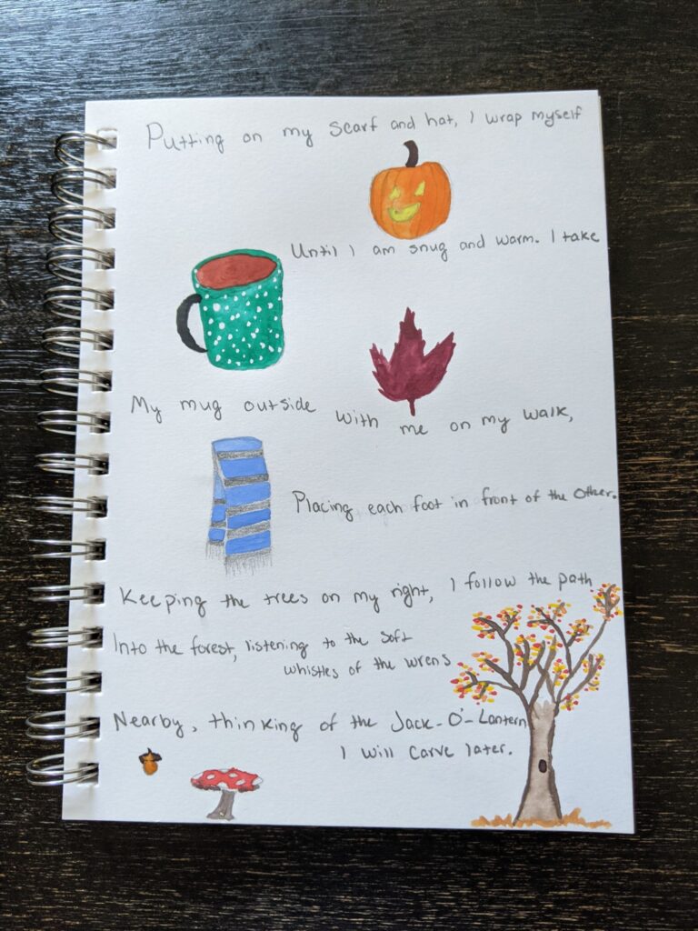 The poem Fall Days with small watercolor paintings of a pumpkin, cocoa mug, blue scarf, red leaf, autumn tree, a mushroom, and an acorn. 