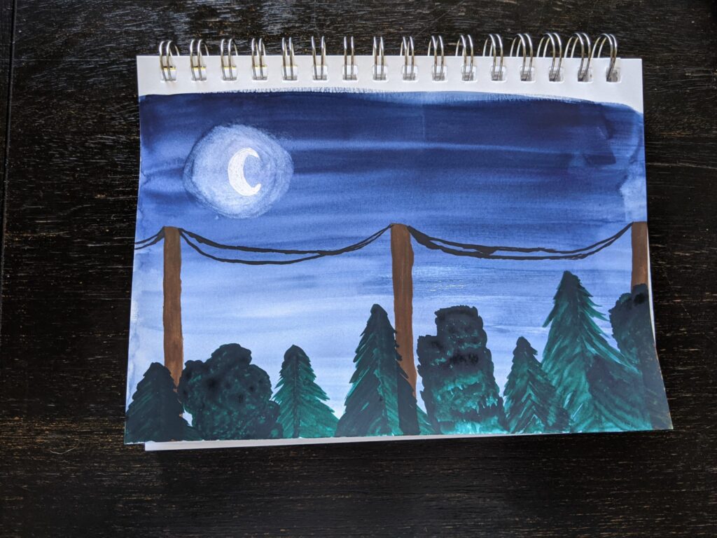 A watercolor painting of a twilight sky with a crescent moon. Power lines stretch across the picture and there are dark green bushes and trees.